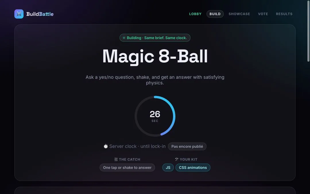 BuildBattle in the build phase: the phase bar reading lobby, build, showcase, vote, results; the brief drawn for the match, "Magic 8-Ball"; the server-held clock 26 seconds from lock-in; and the constraints imposed on every player.